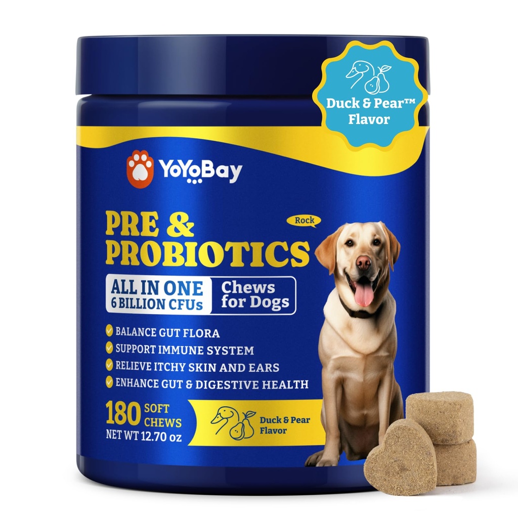 Probiotics for Dogs - Dog Probiotics for Digestive Health, Yeast, Itchy Skin, Gut Health, Immune & Skin - 6 Billion CFUs, 180 Soft Chews, Duck & Pear Flavor - mit Präbiotics & Digestive Enzymes
