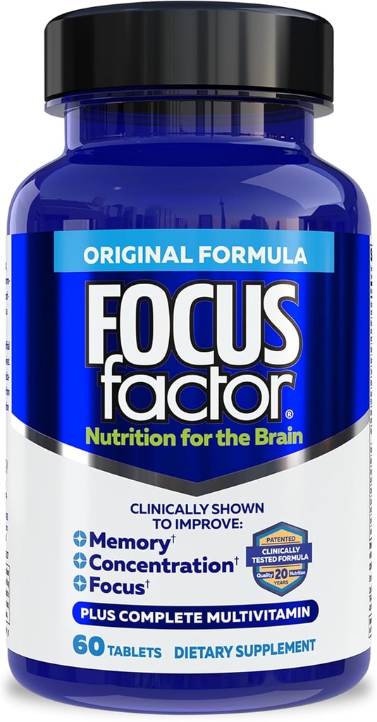 Nutrizione del fattore di messa a fuoco per il cervello, Migliore Memoria & Concentrazione Integratore del cervello, Multivitamina completa con vitamine B6, B12, D, Bacopa Monnieri & Tyrosine, 60 Conte
