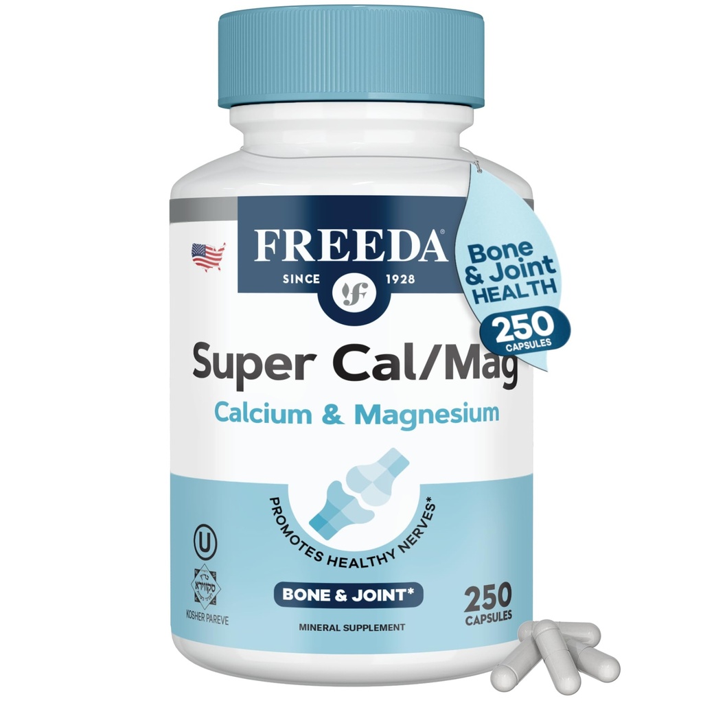 Freeda Super Cal/Mag – Kosher Vegan Bone Health Supplement – Unterstützt Knochenstärke, Nerve Funktion und Muskelentspannung – Vegetarische Calcium Magnesiumkapseln – Third-Party Tested – 250 Kapseln