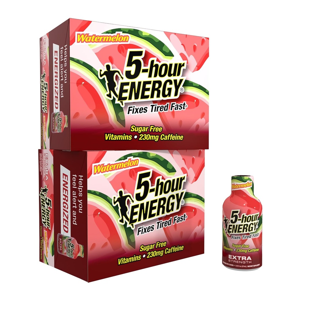 5 ore di ENERGY Extra Strength Energy Shot, Aroma di anguria (1.93 oz. - 24 contatori) Calorie senza zucchero e zero, B-Vitamins & Aminoacidi, 230mg Caffeinated Energy Shot, Integratore alimentare