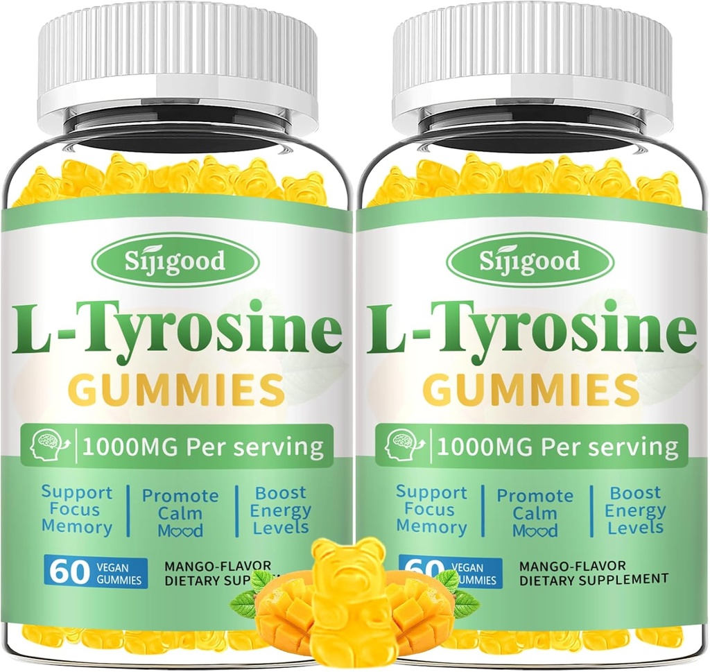 Gummies L-Tyrosine pour adultes et enfants - Supplément L-Tyrosine de 1000mg Gummies pour le cerveau, l'humeur, le soutien énergétique, végétalien et sans gluten, Mango Flavor, 120 comte