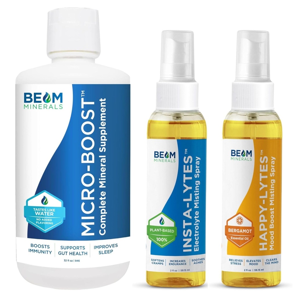 Micro-boost Humic Mineral Blend e Insta-Lytes Natural Liquid Electrolytes 2oz e Happy-Lytes Fluvic Electrolyte Misting Spray 2oz