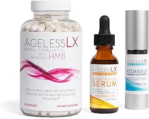 AgelessLX Supplement Kapsel für Damen mit HMB + Hydrasilk Augencreme 0.5 OZ + Helles Glow Face Serum 1 Fl OZ für Frauen Bundle