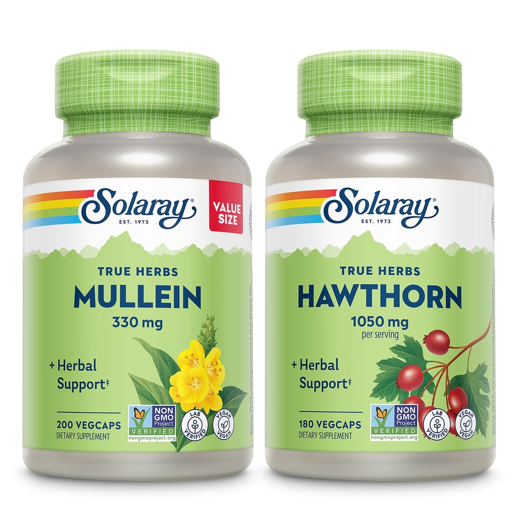 SOLARAY Mullein Leaf 330 mg et Hawthorn Berry Capsules 1050 mg - Ensemble de soutien à base de plantes apaisantes pour la santé et le bien-être - Vegan, non OGM, garantie de 60 jours, vérification en laboratoire, 200/180 VegCaps