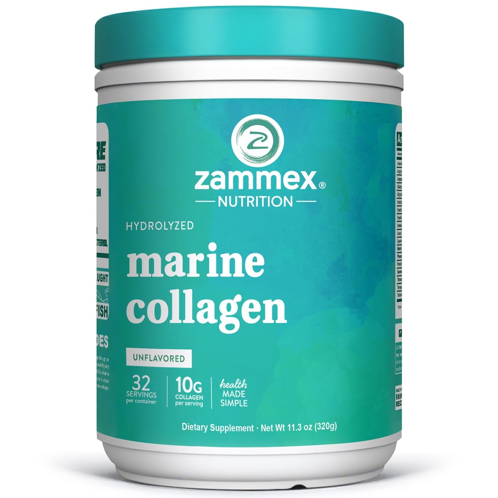 Zammex Marine Collagen Peptide Pulver Ungeschmackt, Wild gefangen Fisch Collagen Pulver, Unterstützt Gesunde Haut, Haare, Gelenke, Typ 1 & 3 Collagen Supplement für Frauen - Einfach zu mischen. (32 Portionen)