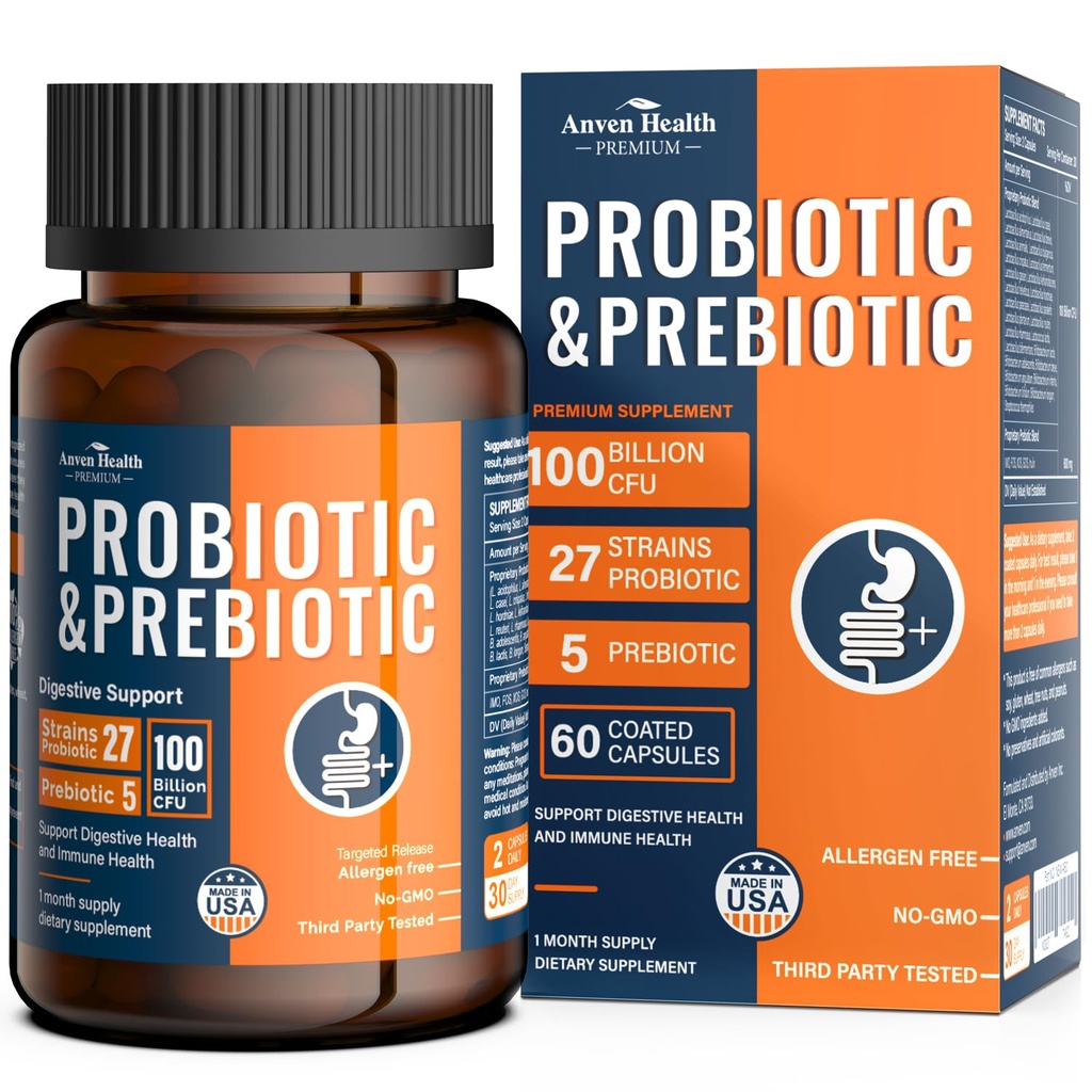 100 Milliarden Probiotika für Männer und Frauen 27 Stämme 5 Bio-Präbiotika für Darmverdauung und Immungesundheit, unterstützt Durchfallgasblähungen, Nicht-GVO, Nullfüller - Made in USA丨60 Caps