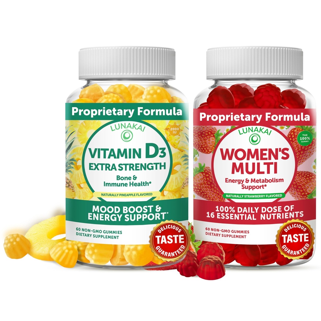 Lunakai Vitamine D3 Gummies and Women's Multivitamin Gummies Bundle - Supplément de soutien à l'immunité, aux os et à l'humeur - 100% de la valeur quotidienne de 16 vitamines et minéraux essentiels Gummy santé - 30 jours d'approvisionnement