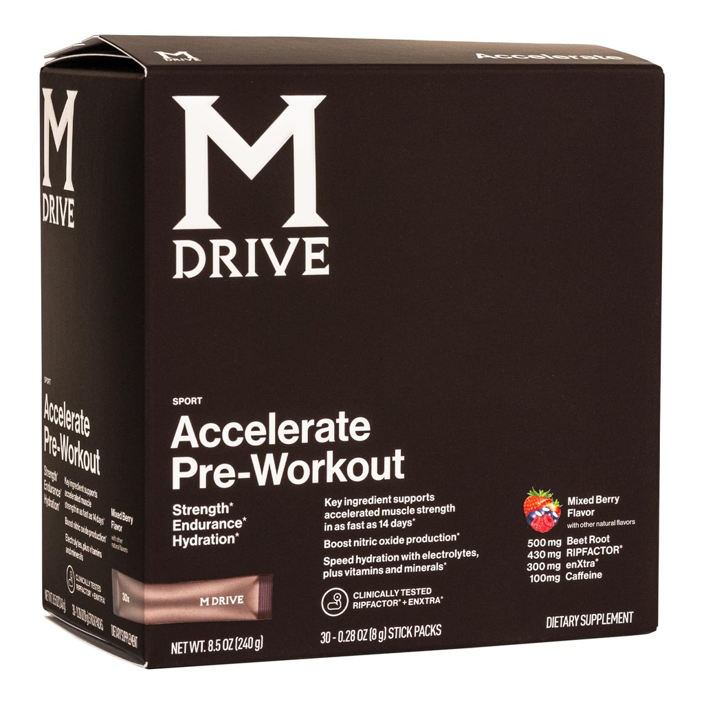 Mdrive Accelerate Pre-Workout Powder, Single Serving Packets, Mixed Berry, 30 Count (Stimulant, Mixed Berry)