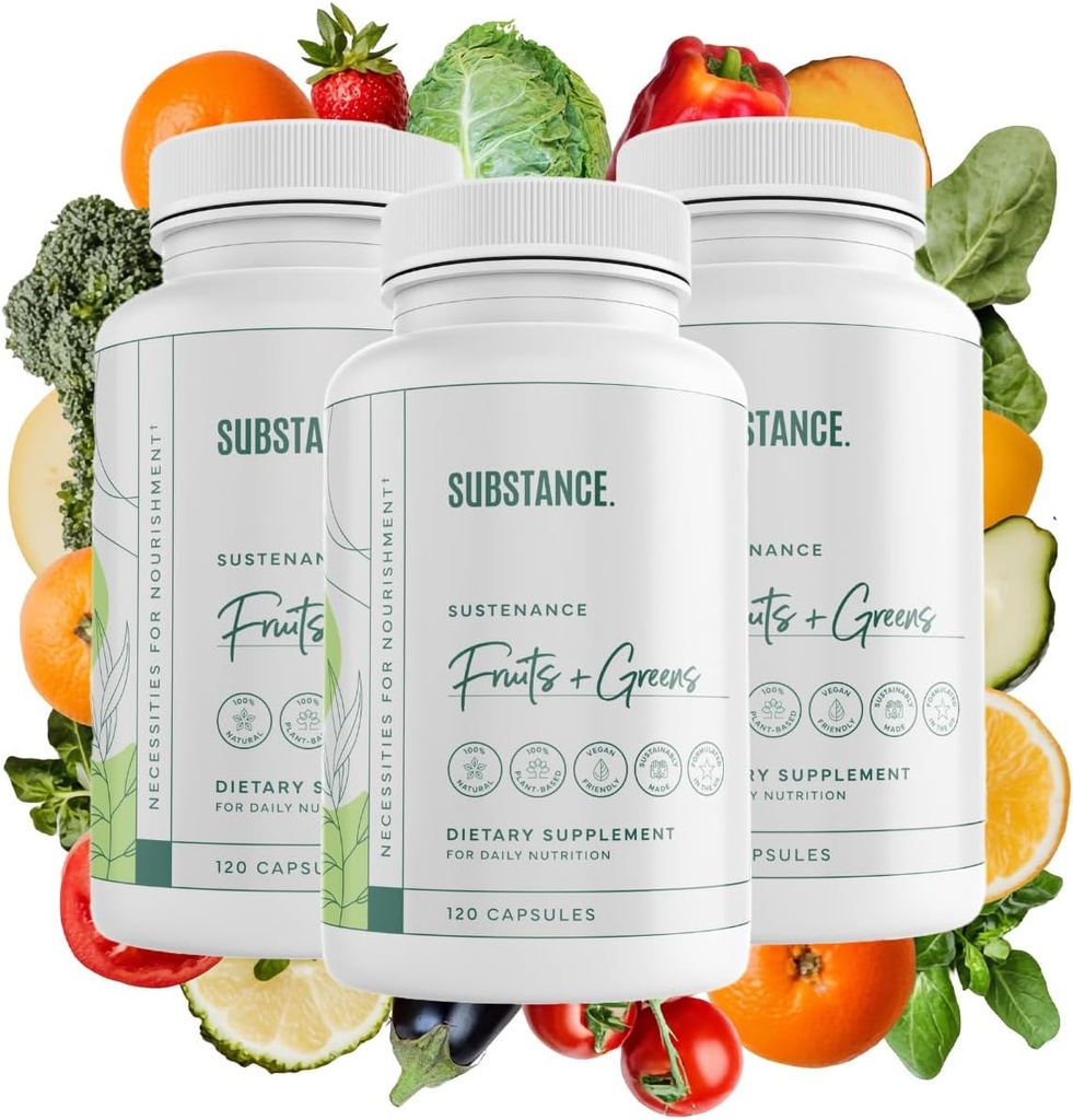 SUBSTANCE. 3-pck Sostenance Greens giornalieri, supplemento giornaliero di frutta e verdura - Aumentare l'energia, Clarity mentale - Integratori di frutta e verdura - US Made, Vegan-Friendly - 90 Serve.
