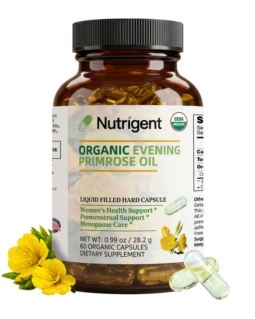 Supplément à l'huile de Primrose biologique, 940 mg 100% pur avec 10 % de GLA, Capsules organiques liquides à absorption élevée, favorise la santé des femmes et de la peau, pressé à froid, 60 Compte