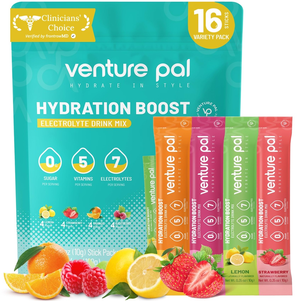 Venture Pal Sugar Free Electrolytes Powder Packets - Liquid Daily IV Hydration Packets | Instantly Hydrating & Party Recovery | 5 Vitamins & 7 Electrolytes | Certified Vegan, Keto, Non-GMO | 16 Sticks