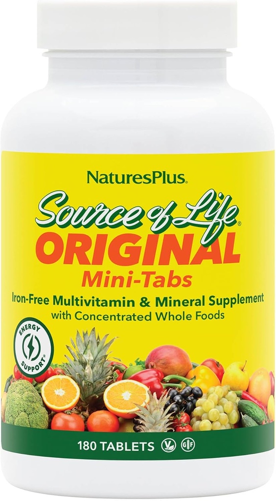 Natures Plus Quelle des Lebens Mini-Tabs No Iron - 180 Vegetarische Mini-Tablets - Einfach zu schlucken Natürliche ganze Lebensmittel Multivitamin & Mineral Supplement für Gesundheit & Energie - 30 Servierungen