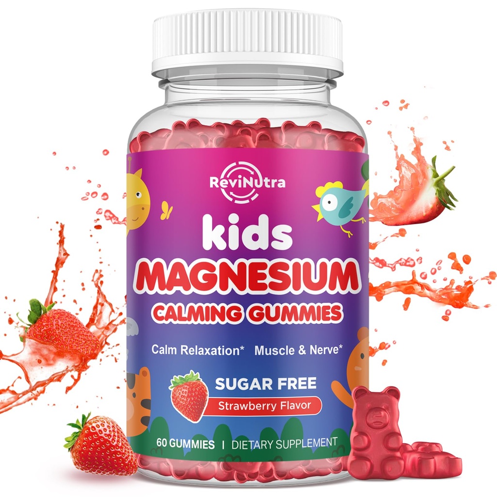 Magnesium Gummies for Kids - Magnesium Glycinate Gummies with L-Theanine, Chamomile, Vitamin B6, D for Kids & Adults Sleep, Stress, Muscle Relief & Nerve Bone - Sugar Free Strawberry 60ct