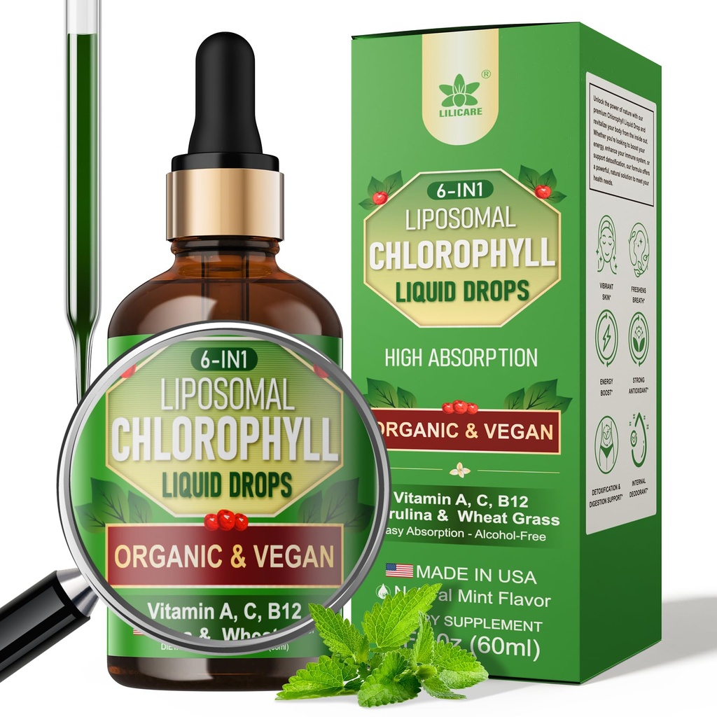 Organic clorofilla liquido gocce liposomali per le donne e gli uomini, 6-in-1 Verdi Superfood Vegan clorofill w/Spirulina, erba di grano, vitamina C B12 A per Deodorante interno*, energia, digestivo,1Packs/2 Fl Oz