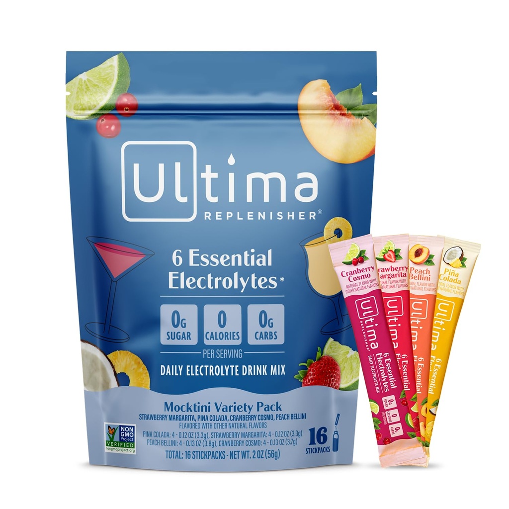 Ultima Replenisher Daily Electrolyte Powder – Mocktini Variety Pack, 16 Stickpacks – Zero Sugar Hydration Packets with 6 Electrolytes and Minerals – Sugar Free, Plant Based & Keto Friendly​ Drink Mix