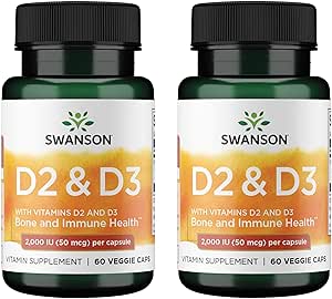 Complesso di vitamina D Swanson con vitamine D2 & D3 - Complesso di vitamina Sunshine completo per Bone, Salute dentale e immunitaria - Supplemento di vitamina (50 mcg, 60 capsule di verdure) (2 Confezione)