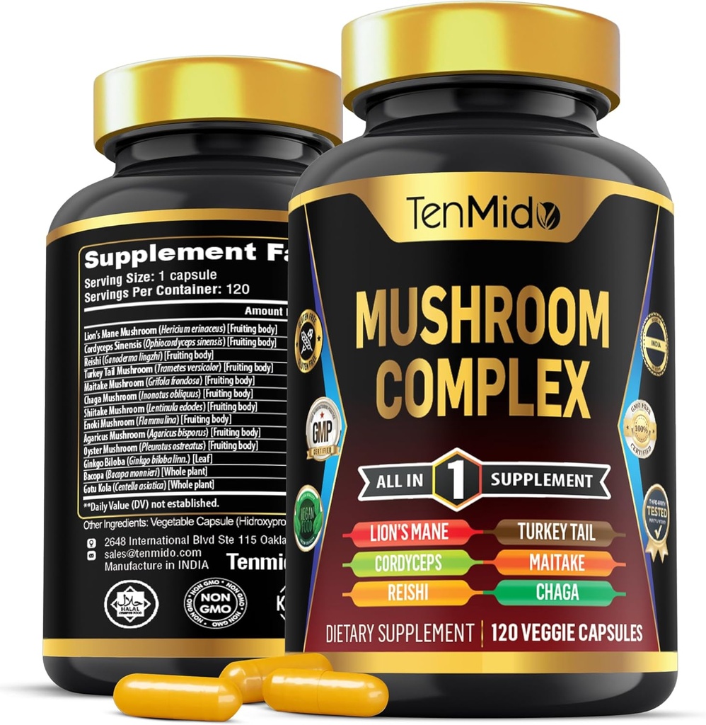 Pilz Complex Supplement - 13in1 Formel - Blend Lion's Mane Mushroom, Cordyceps Sinensis, Reishi, Türkei Tail, Maitake, Chaga, Shiitake, Enoki, & More - 120 Kapseln für 4 Monate Versorgung