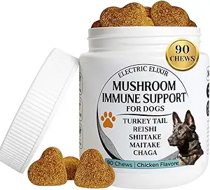 Dogs Supporto Immune Mushroom Supplemento - Supporta Longevità, Cognizione, Joint, Cellular & Gut Health - Tutto Organico Naturale, GrainFree - Aiuto per Lumps e Bumps, Pollo Flavor - 90 Chews