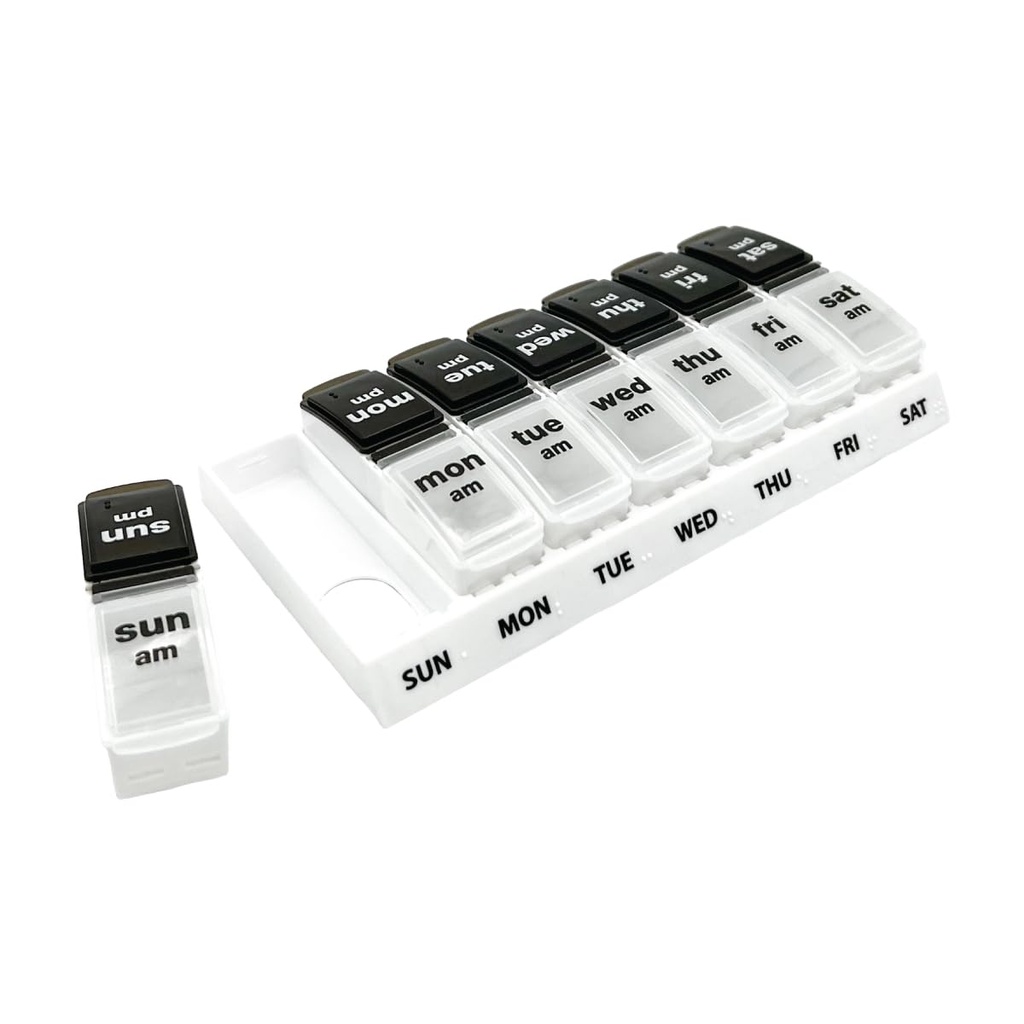 EZY DOSE Hebdomadaire (7 jours) Cas quotidien de pilule AM/PM, planificateur de médicaments, organisateur de vitamines, contenant de supplément, grands compartiments pop-out, conçu pour voyager 2 fois par jour, noir et blanc