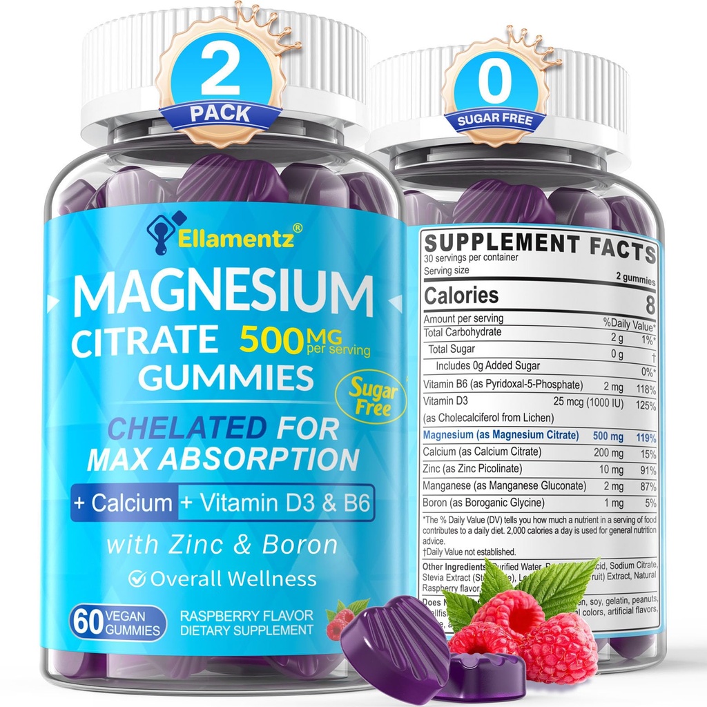 Magnesium Citrate Gummies 500mg für Männer Zuckerfrei, Magnesium Citrat für die Aufnahme | Chelat Magnesium Gummies mit B6 für Mood, Calm |Calcium Magnesium Zink D3 Ergänzung für Knochen & Muskel