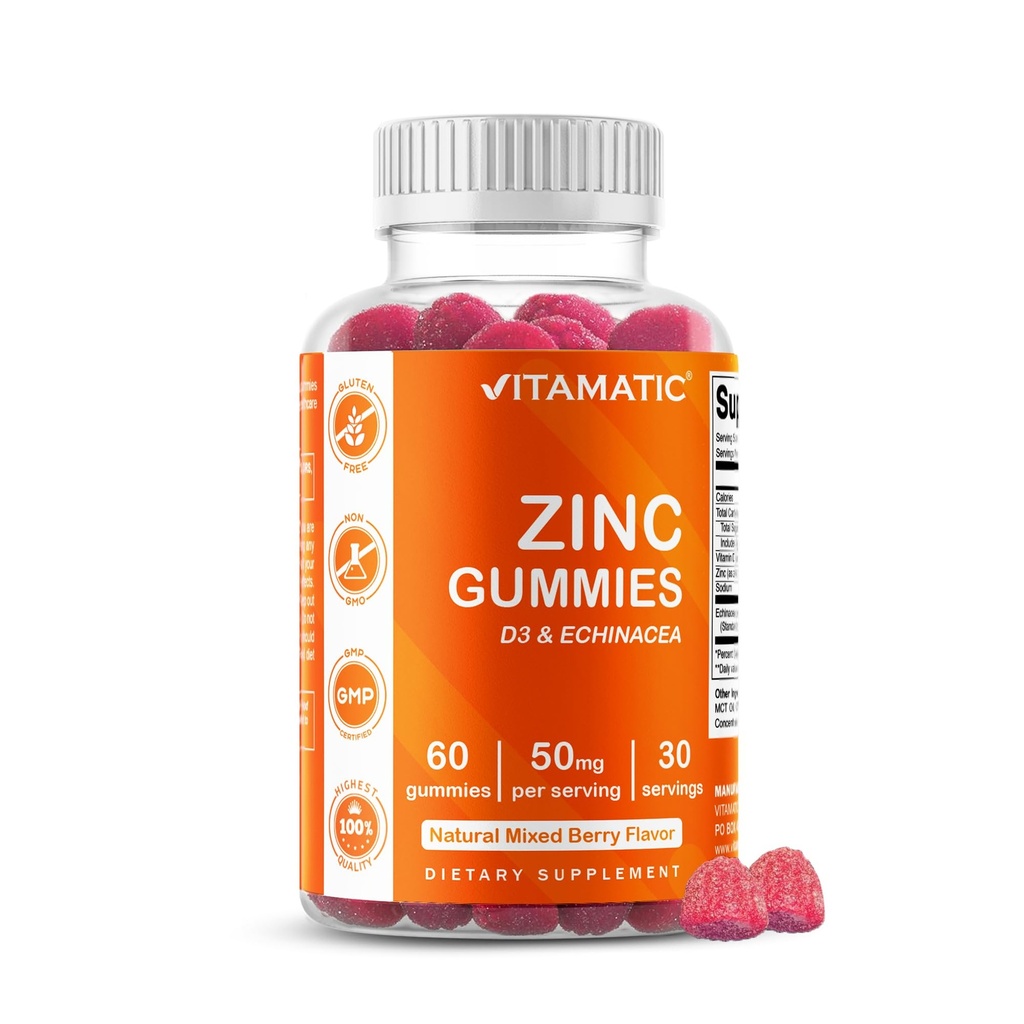 Vitamatic Zinc 50mg Gummies – 60 Vegan Gummies Glutenfrei – Gesunde Immununterstützung für Erwachsene, Männer & Frauen