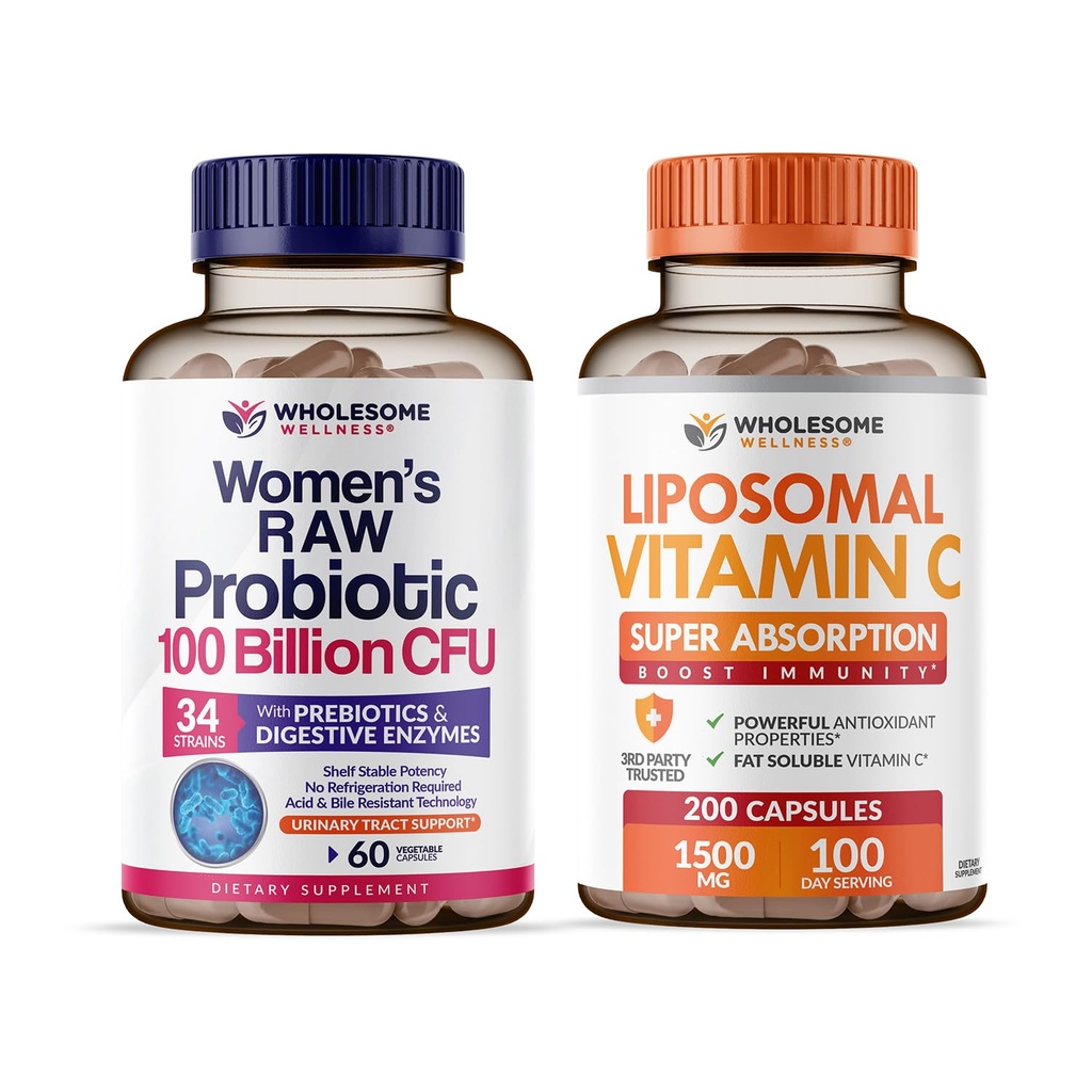 Probiotici benessere per le donne 100 miliardi di CFU con Prebiotici, Enzimi digestivi + Vitamina Liposomica C Capsule ad alto assorbimento, Integratore di acido ascorbico Bundle