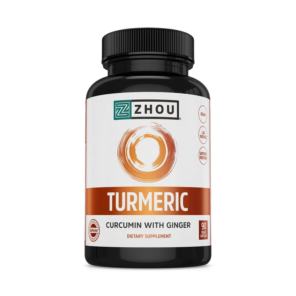 Zhou Kurkuma Curcumin mit Ginger - Kurkuma und Ginger Ergänzung für Frauen und Männer, Curcuminoide mit schwarzem Pfeffer Extrakt für Verdauung und Verdauung - 90 Veggie Kapseln