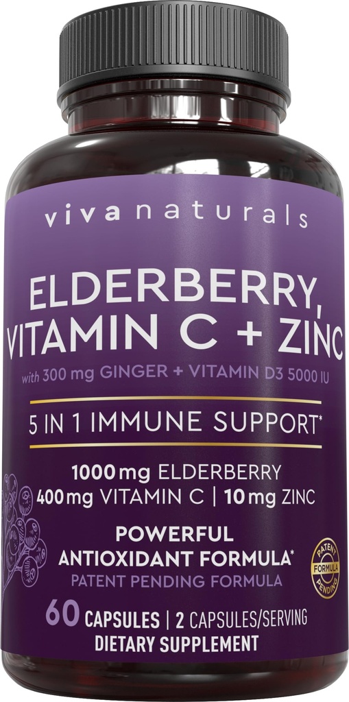 Viva Naturals Black Elderberry con Vitamina C e Zinco per Adulti (60 Conte) - Sambucus Elderberry Immune Support Supplemento, Black Elderberry Capsules per Adulti, Integratori di Samburo per Donne