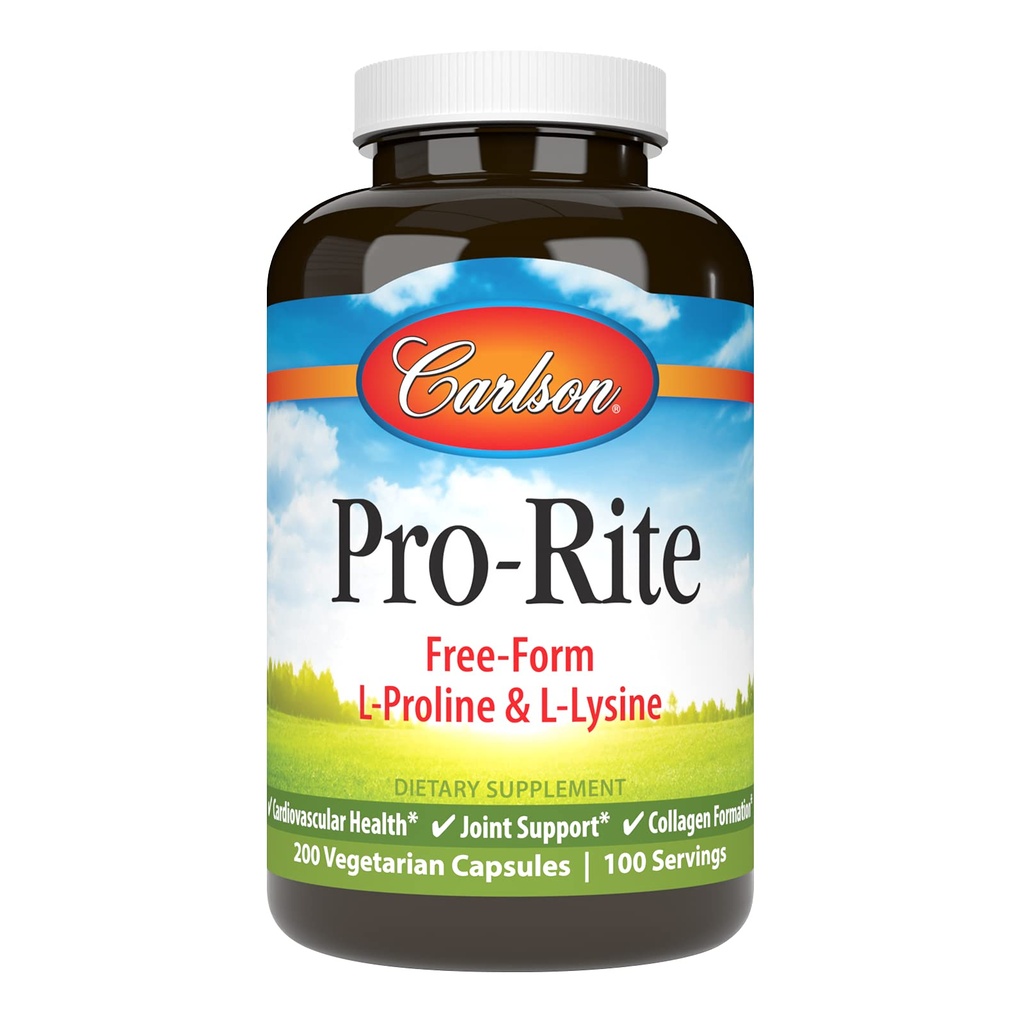 Carlson - Pro-Rite, Free-Form L-Proline & L-Lysine, Gesundheit, Joint Support & Collagen Formation, 200 Kapseln