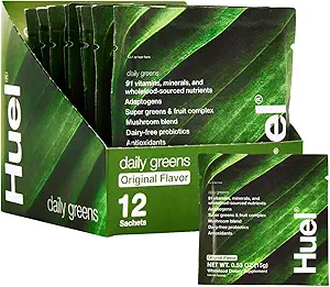 Huel Daily Greens Unified Serve (en anglais seulement) Superfood Greens Powder (en anglais seulement) 91 Vitamines, minéraux et ingrédients d'origine alimentaire complète (en anglais seulement) Adaptogènes, antioxydants, probiotiques amis de la gueule (en anglais seulement) 12 Pack