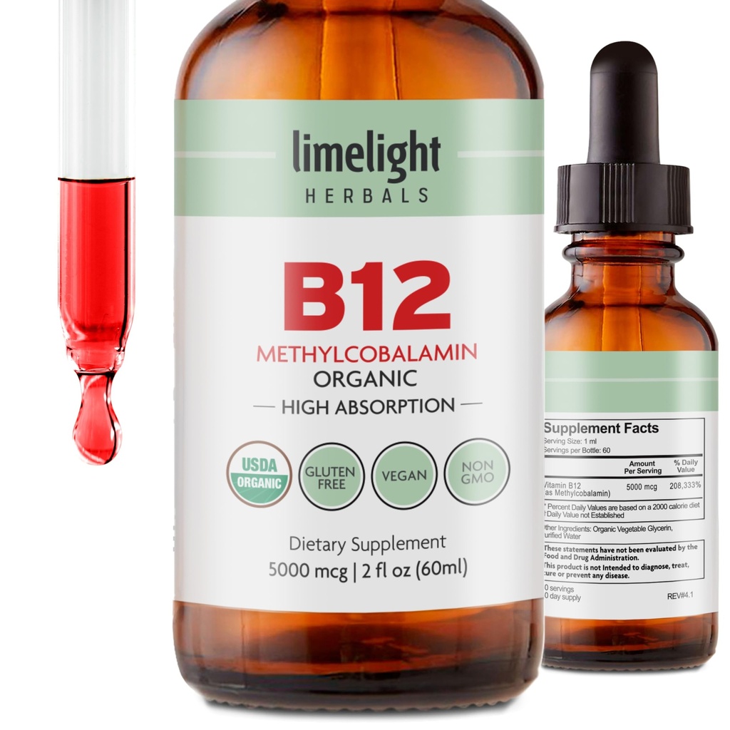 USDA Organic Vitamin B12 Liquid Drops 5000 mcg, Methylcobalamin, Sublingual, Schnelle Absorption, Zelluläre Energie, Stoffwechselunterstützung, Nervensystem, Mental Focus, Vegan, Non-GMO, 2 fl oz, 60 Portionen