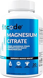 Fitcode Magnesio Citrato Capsule 400mg - Muscolo e Bone Salute Magnesio Supplemento con Pure Magnesio Citrato per il Rilassamento Muscolare & Bone Forza - 60 Veggie Magnesio Capsule per la Salute Del Cuore