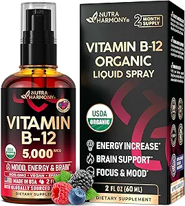 USDA Vitamine biologique B12 Spray sublingual - 5000 mcg Méthylcobalamine végane liquide pour les femmes et les hommes - Boost énergétique, focus et humeur, soutien de la santé cérébrale - Maximiser l'absorption - 2 mois d'approvisionnement, 2 fl oz