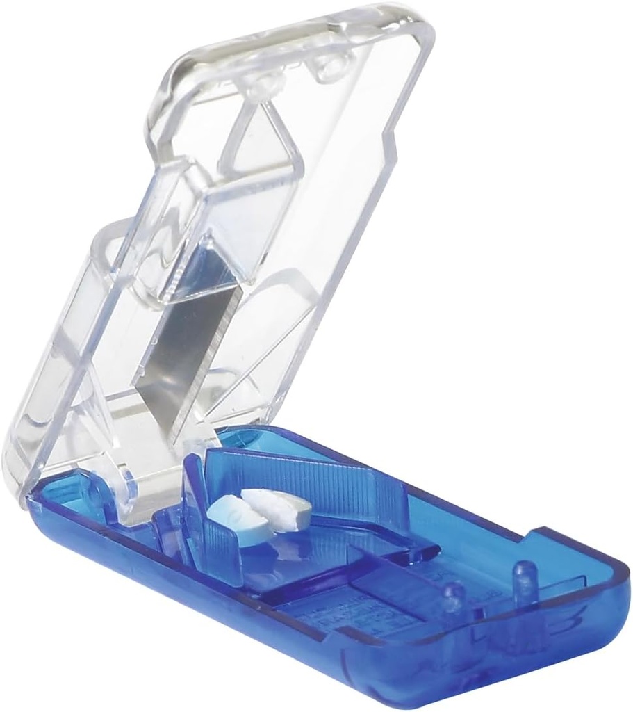 EZY DOSE Pill Cutter et Splitter avec distributeur intégré de pilules, lame d'acier inoxydable facile à couper pour comprimés, vitamines, médicaments, portable, taille voyage Pill Cutter pour les aînés, animaux de compagnie et usage quotidien, bleu