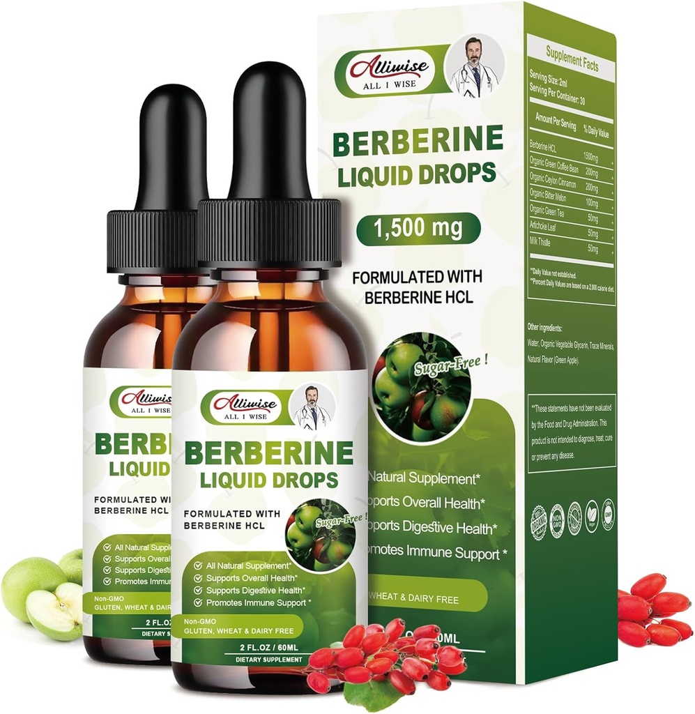2 pacchetti di gocce liquide del supplemento della berbina per il sistema immunitario e i supporti del sistema digestivo -Premium Berberina HCL 1500mg con la cannella di ceylon pura -4 Fl Oz