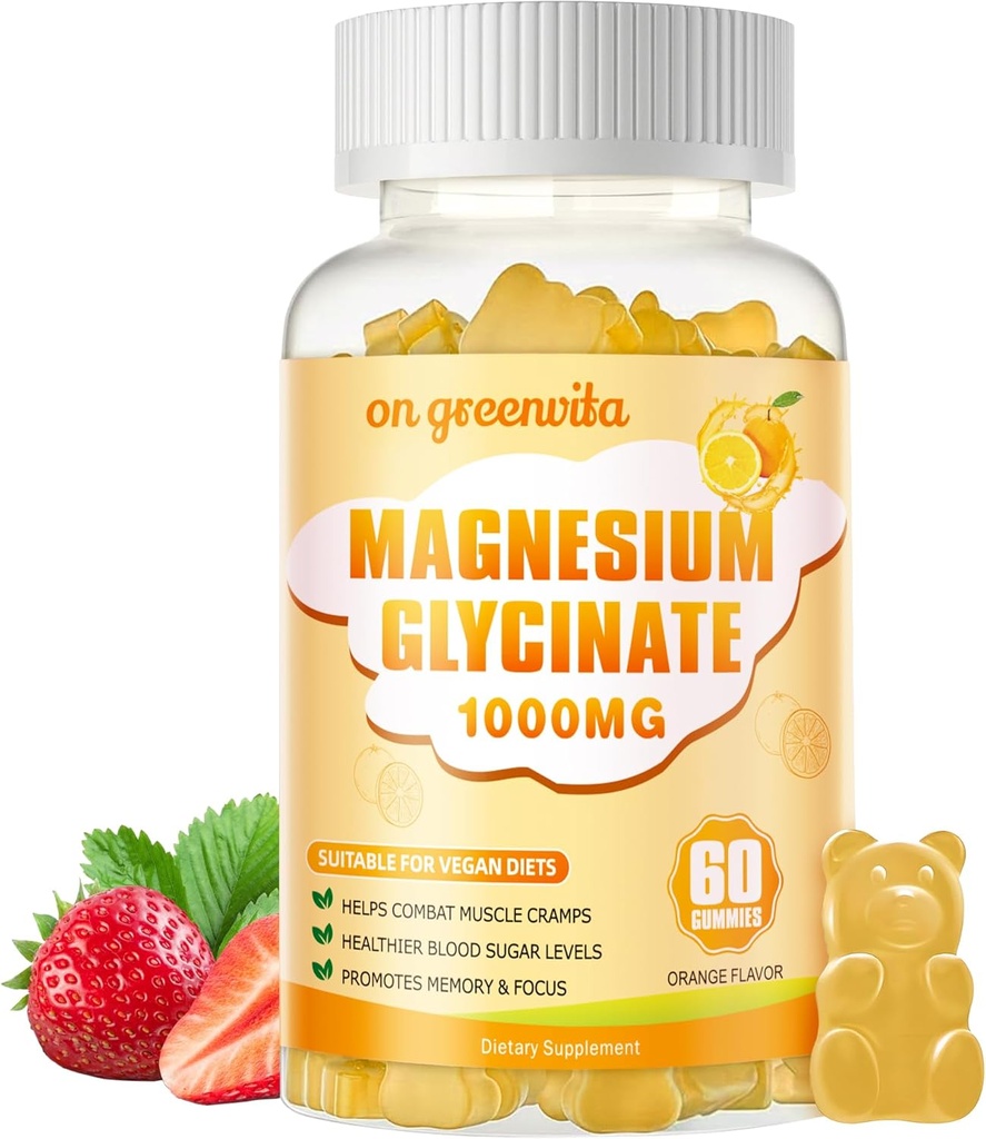 Magnesio Glycinate Gummies 1000mg - Zucchero Gratuito Magnesio Potassium Supplemento con Vitamina D, B6, CoQ10 per Calma Mood & Sleep Support - 60 Gummies Arancione