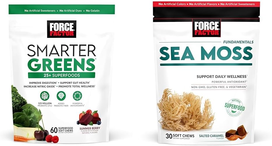 FORCE FACTOR Greens Chews con 25+ Superfoods & Sea Moss Chews, 60 & 30 Count