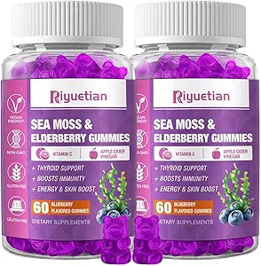 Gummie Sea Moss & Elderberry, Gomma aromatizzata al mirtillo, Integratori di vitamine Sea Moss con Vitamina C + Zinco e Aceto di sidro di mele, Buona Texture, Vegan-Friendly, 120 Conte(Pack of 2)
