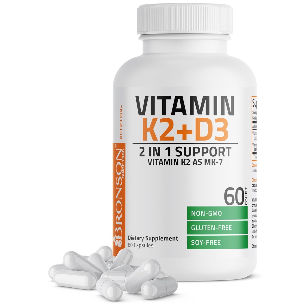 Bronson Vitamine K2 D3 (MK7) Supplément Non-OGM Formule Vitamine D3 5000IU (125 mcg) et 90 mcg K2 MK-7, Complexe D & K facile à avaler, 60 Capsules