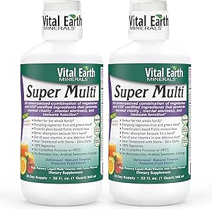 Vital Earth Minerals Super Multi 2-Pack – Multivitamines liquides pour les femmes, les hommes et les enfants, Vitamines liquides avec l'acide fulvique pour une meilleure absorption, support MTHFR, 32 Oz Ea + 1 Oz Cup
