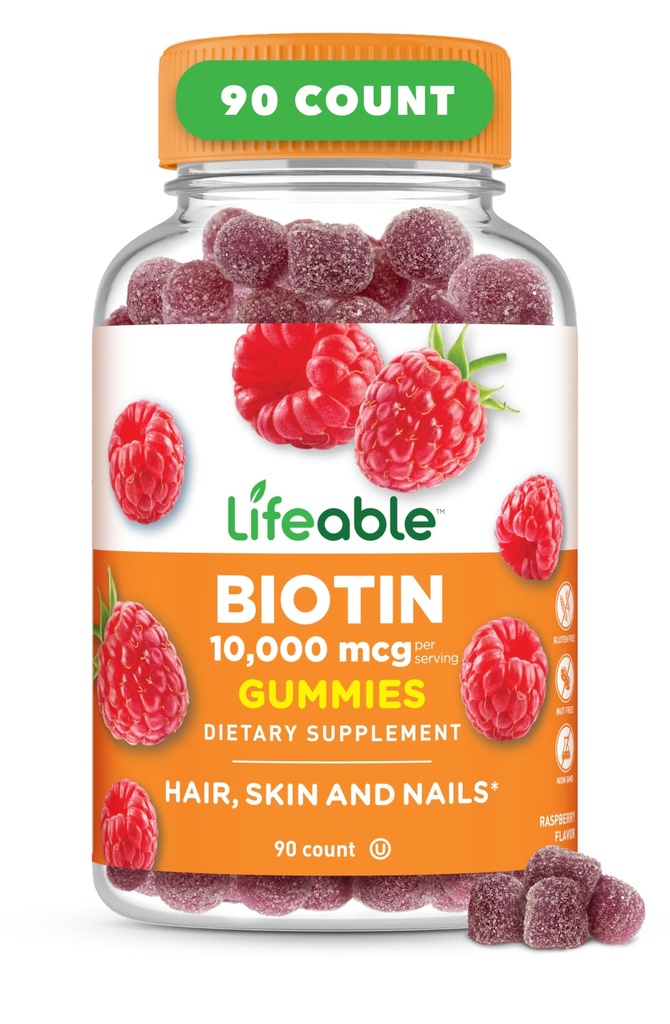 Lifeable Biotin Gummies | 10.000mcg | Great Tasting Hair Skin and Nails Gummies | GMO-Free Vegan Biotin Supplement | Hair Skin and Nails Vitamins for Women | 90 Gummies