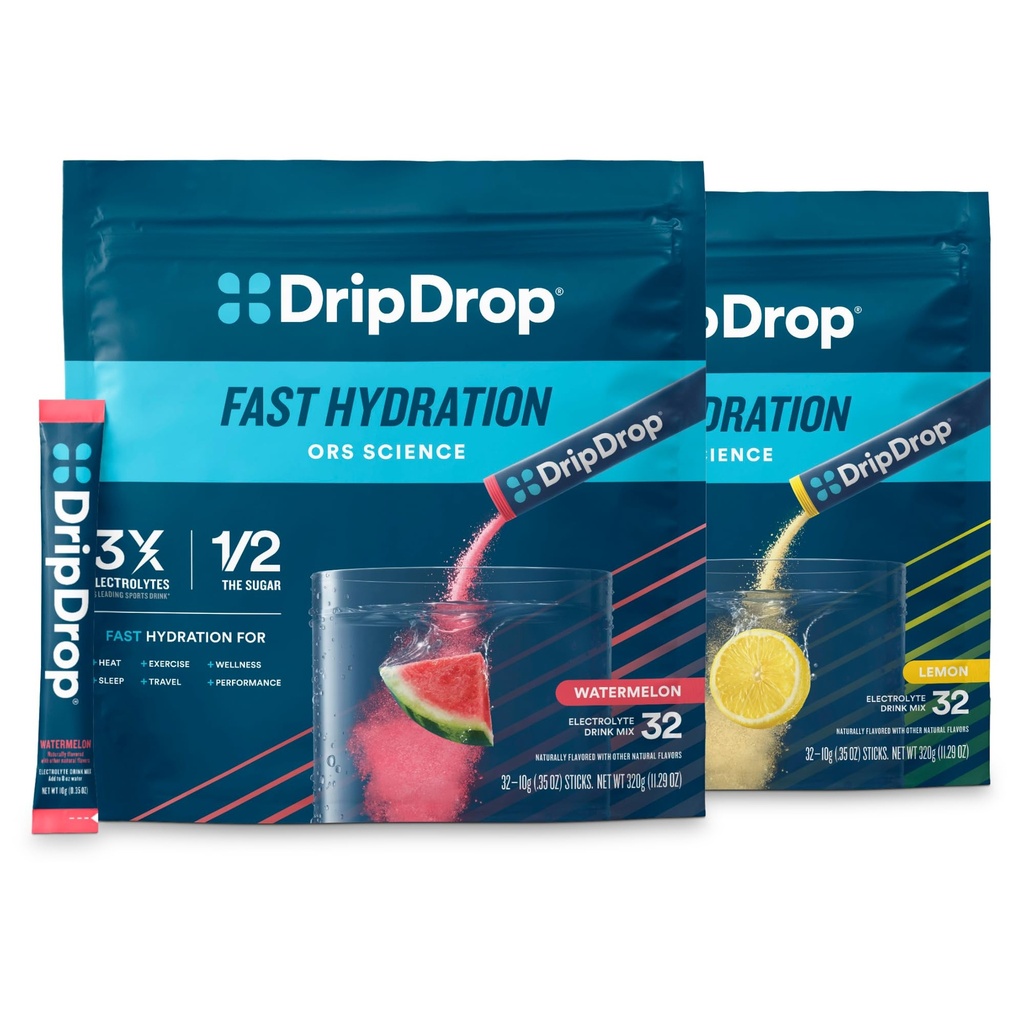 Hydratation DripDrop - Paquets de poudre d'électrolyte - Melon d'eau et de citron - 64 Compte