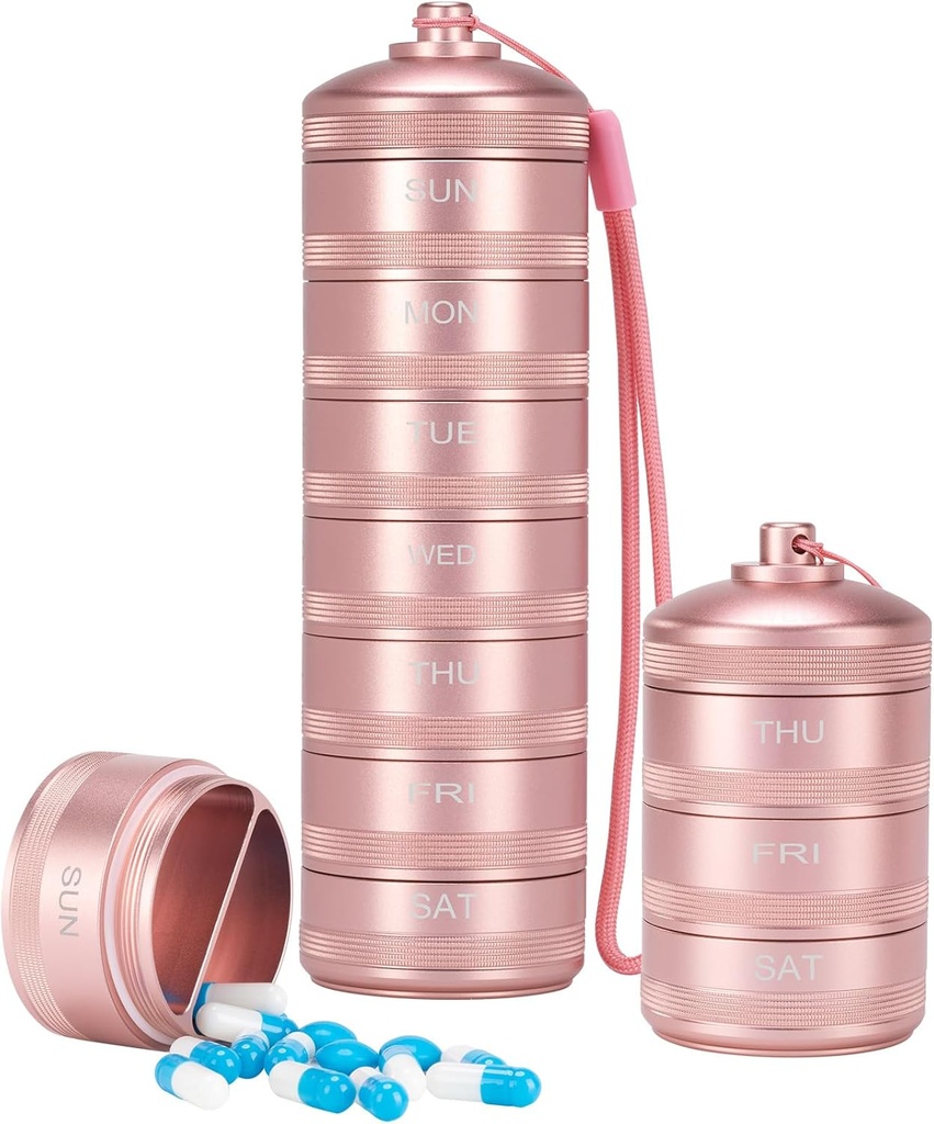 XHT Pink Weekly Metal Pill Organizer 7 Tage 2 Mal pro Tag – Ästhetisch wasserdicht AM PM Travel Pill Box, Heavy Duty Pill Holder und Medizin Pill Organizer für Vitamine, Fish Oil & Supplements