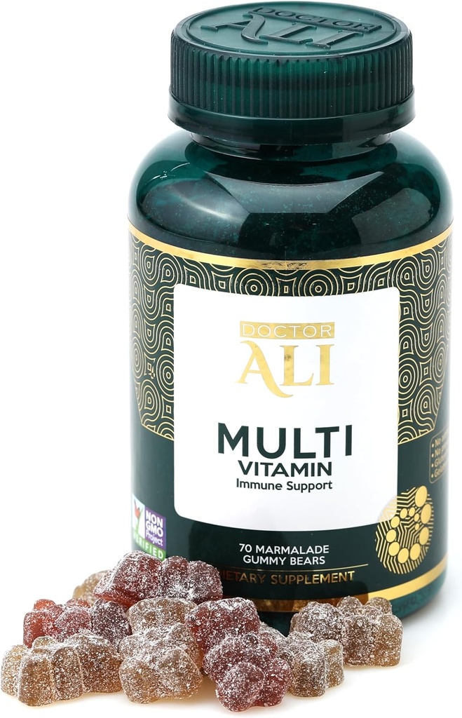 Dr. ALI Natural Multivitamin Gummies | Gummies Organic Daily con Vitamina A, C, & Essential Nutrients | Supporto immunitario, Digestione, Salute cervello e visione | Gluten-Free | Gelatin-Free | 70 Count