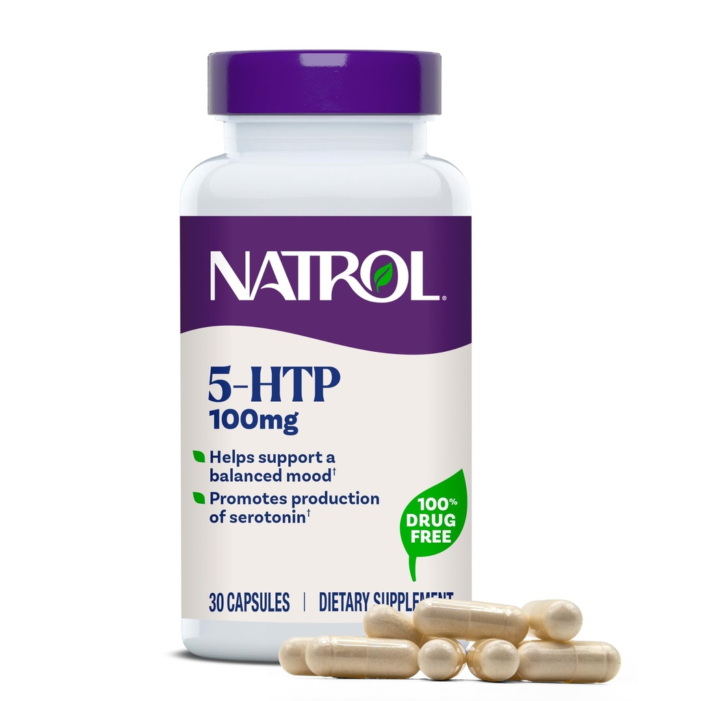 Natrol Mood + Stress 5-HTP 100 mg, Nahrungsergänzung für eine ausgewogene Stimmung, Kapseln für Erwachsene, 30 Kapseln, Bis zu 30 Tage Versorgung