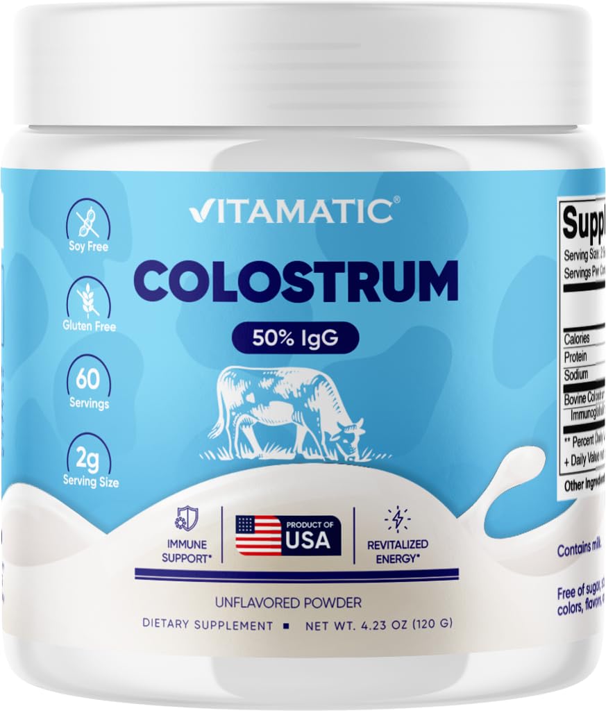 Vitamatic Bovine Colostrum Powder - 50% IgG -120 Grammo - Supplemento per la salute del fegato, la crescita dei capelli, la bellezza, il recupero del muscolo, e il supporto immunitario - Facile da mescolare - non aromatizzato - 60 Serve