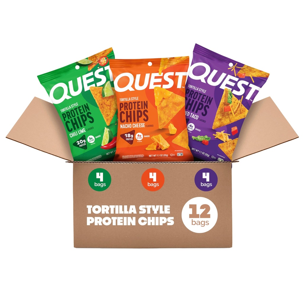 Quest Nutrition Tortilla Style Protein Chips Variety Pack, Chili Lime, Nacho Cheese, Loaded Taco, Low Carb, High Protein, Gluten Free, 1.1 oz (Pack von 12)