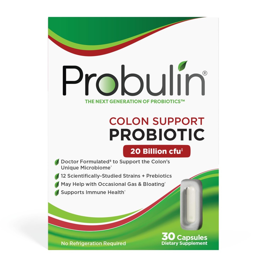 Probulin Colon Support Daily Probiotic + Prebiotic + Support Gut Health, Occasional Gas und Bloating - 20 Billion CFU - 12 Strains, 30 Vegan Kapseln