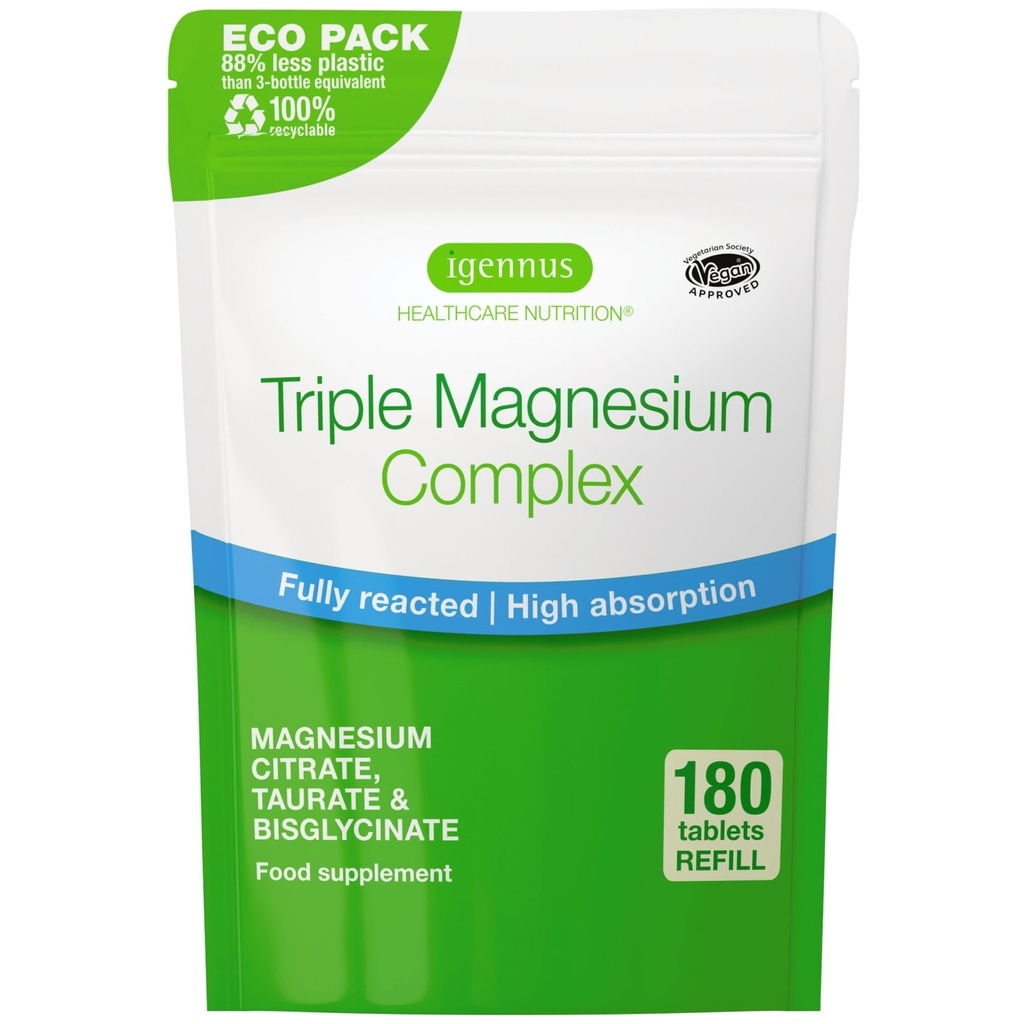 Igennus Superior Triple Magnésium Complexe, Glycinat, Taurate et Citrate, Étiquette propre, Haute Biodisponibilité et Absorption, 180 Comprimés, Vegan, Non Buffered