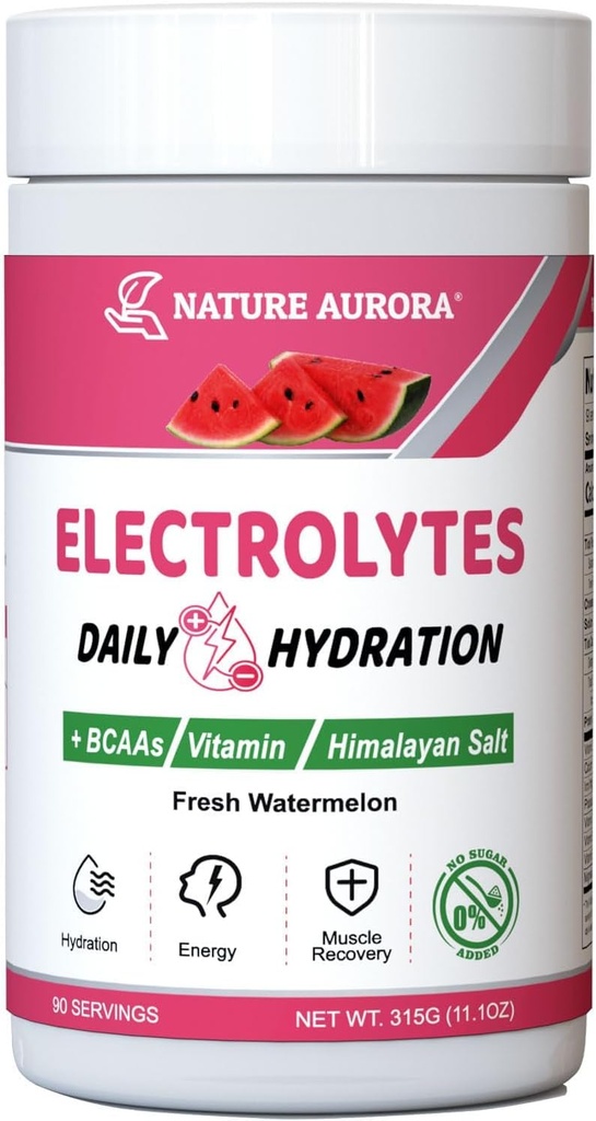 Elektrolyte Pulver Kein Zucker, Frische Wassermelone Elektrolytpulver, Hydration Pulver, Verbessert mit Himalaya Salz, BCAAs und B-Vitamine, keine Kalorien, Zucker freie Keto Elektrolyt-Getränke - 90 Servierungen